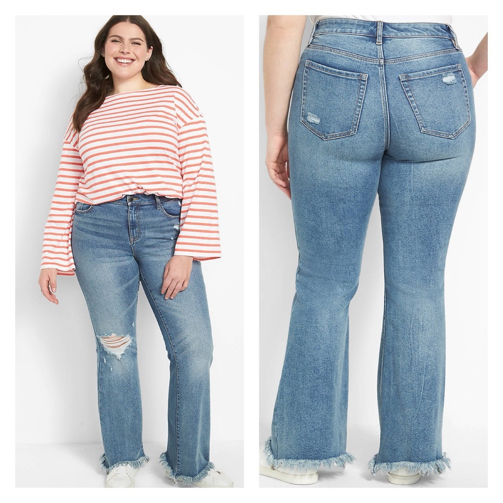 LANE BRYANT Signature Fit Mid-Rise Flare Destructed Jean w/Distressed Hem 14